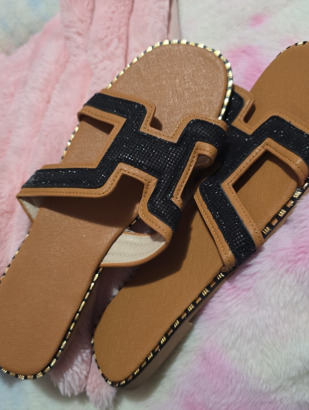 Tan and Black Slip-On Slide Mules with Gold Trim